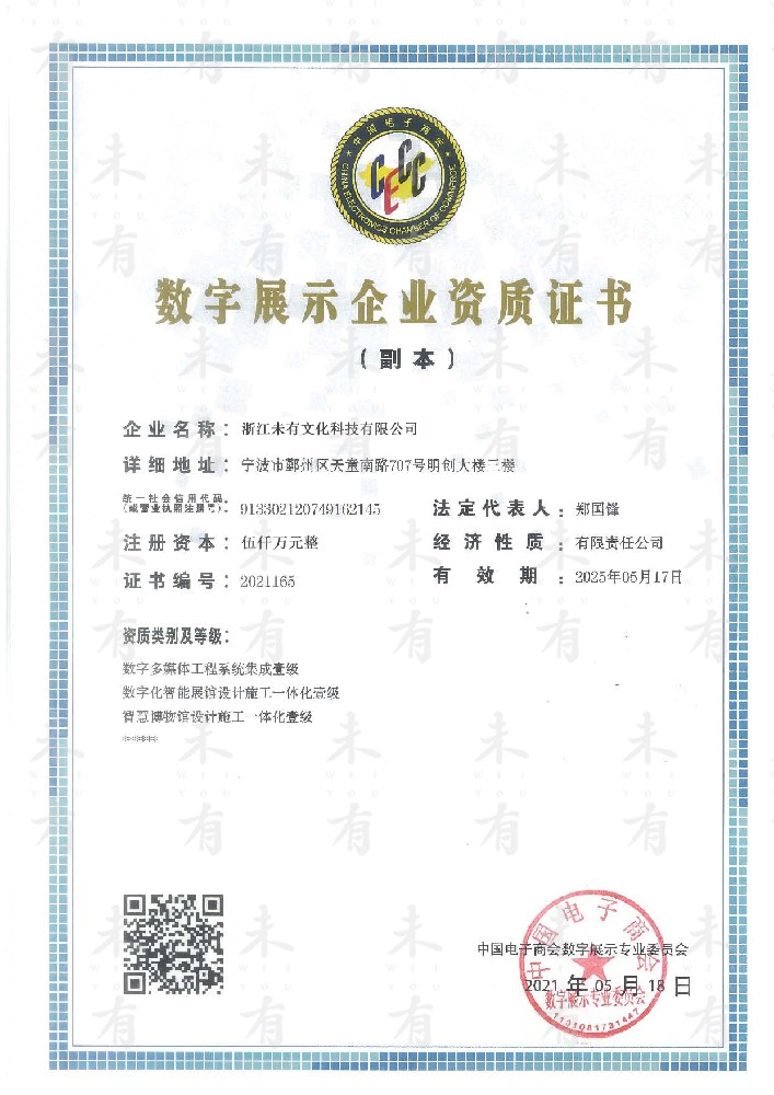 中国电子商务协会数字展示企业资质证书一级